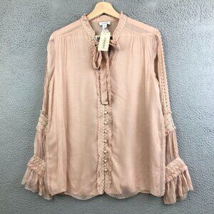 New Sundance Womens Sophia Blouse XS Peach Lace Long Sleeve Button‎ Detail